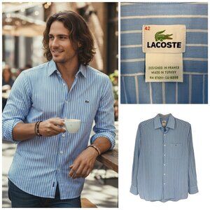 Lacoste Sz 42 Blue & White Pinstriped Button Front Shirt Casual Dress